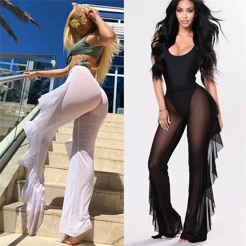 

S-3xl Large Size Women Beach Mesh Sheer Transparent Bikini Cover Up Swimwear Bathing Suit Pant High Waist Ruffles Trousers 15%