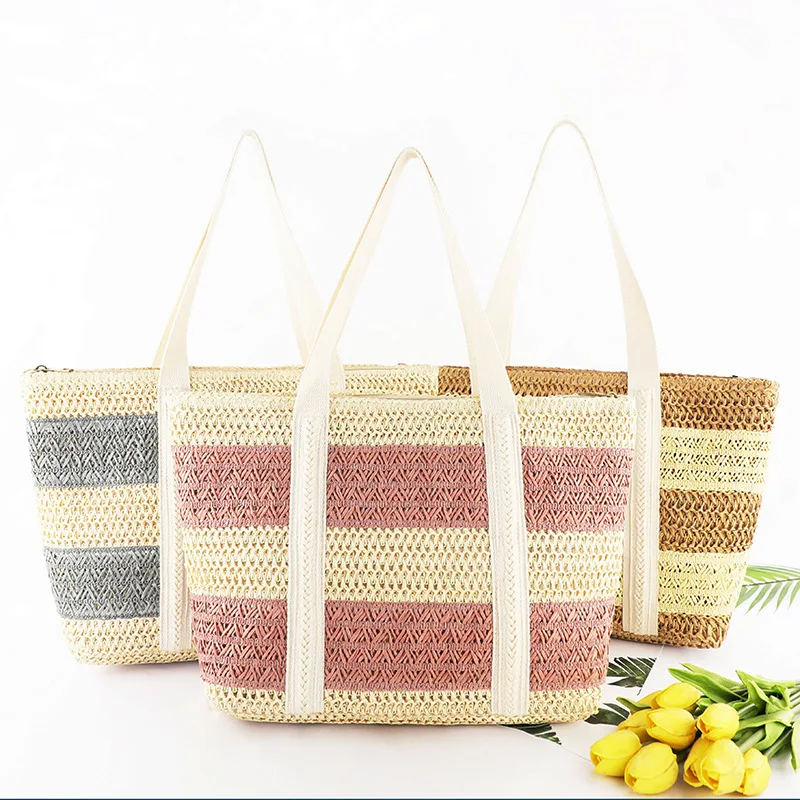 

2022 summer new woven handbag women's straw bag Korean version western style contrast color beach tote bags