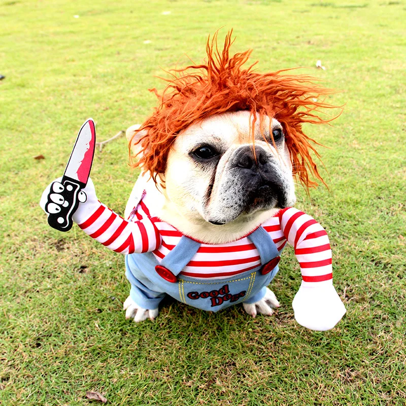 

Amazon hot selling Funny Chucky Chuckyy Doll Holding a Knife Pet Clothes Dog Costume Halloween