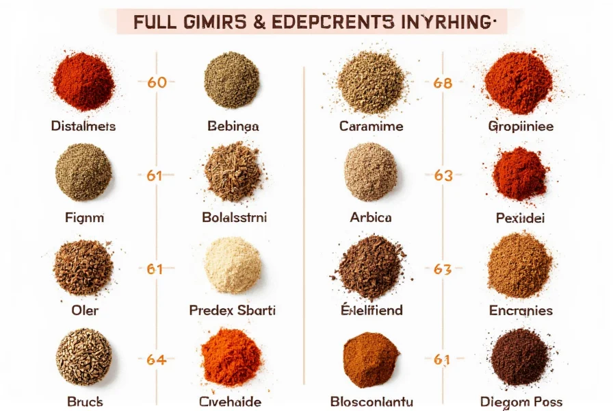 Close-up view of all spice blend ingredients in separate glass jars showing cinnamon sticks, whole cloves, nutmeg, allspice berries, and dried ginger