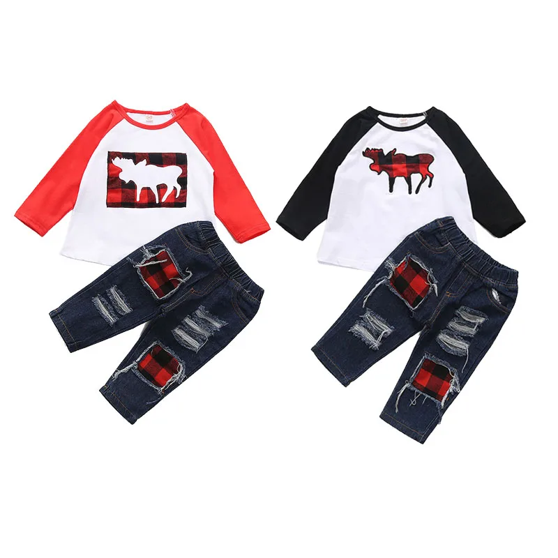 

Wholesale raglan long sleeve christmas boys jeans outfit kids winter clothing sets, As picture show