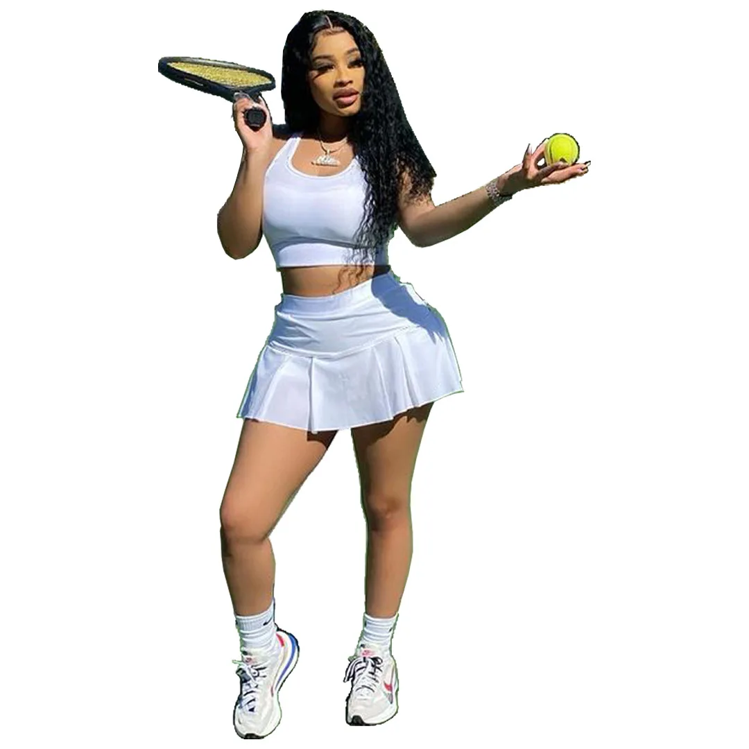 

fashion factory price ladies crop top summer outfits women two Piece tennis sport suit short women skirt set