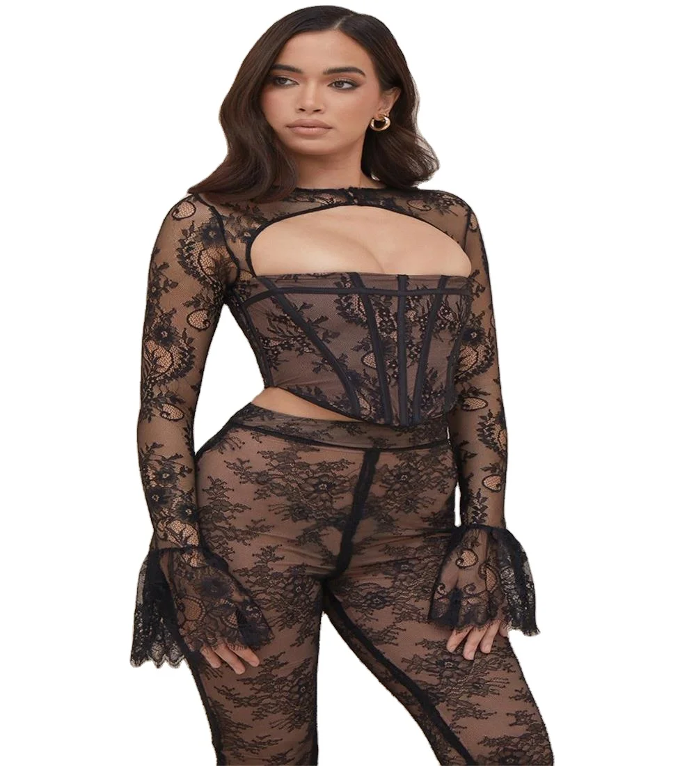 

D8764#Spring 2021 new arrivel sexy lace bandage two piece set for women, Picture