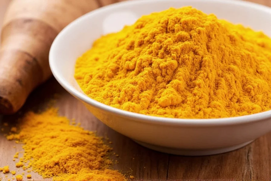 Fresh turmeric rhizomes next to ground turmeric powder