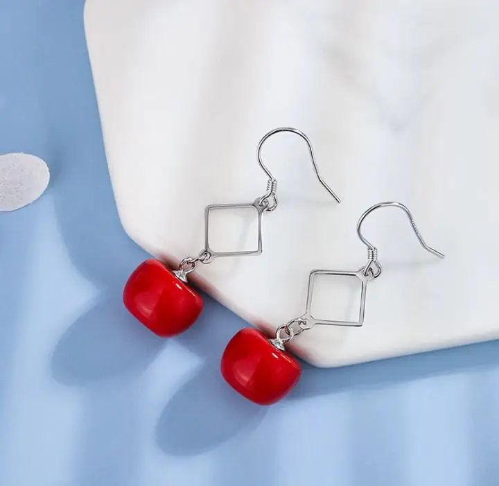 

s925 silver ins hand-made cartoon fun red apple earrings cute girl summer earrings female