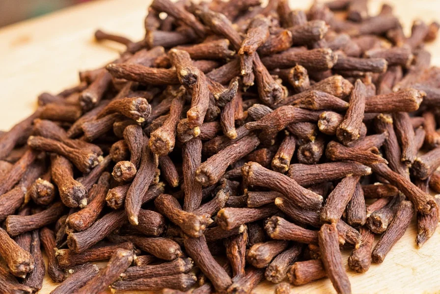 Close-up photography of whole cloves arranged in wooden spice bowl with measuring spoons
