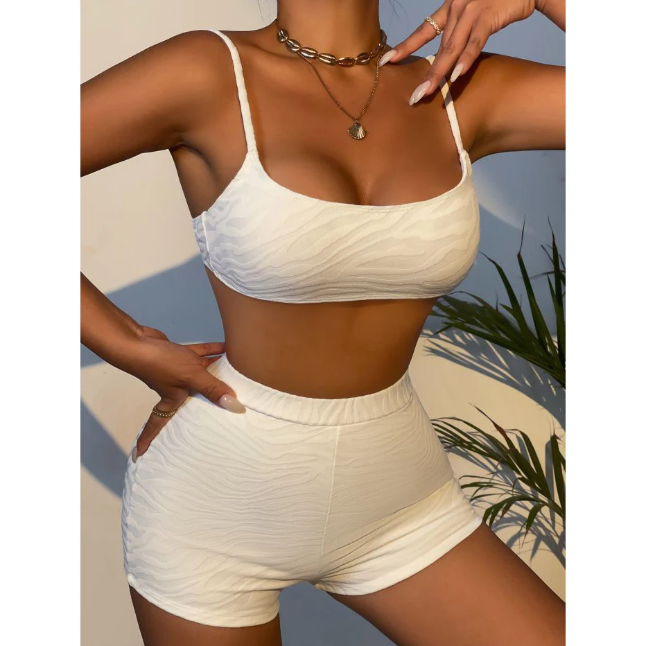 

2022 Custom Low MOQ Fast Delivery Two Piece Bathing Suit Adjustable Strap Shorts White Zebra Print Swimsuit, 1 color