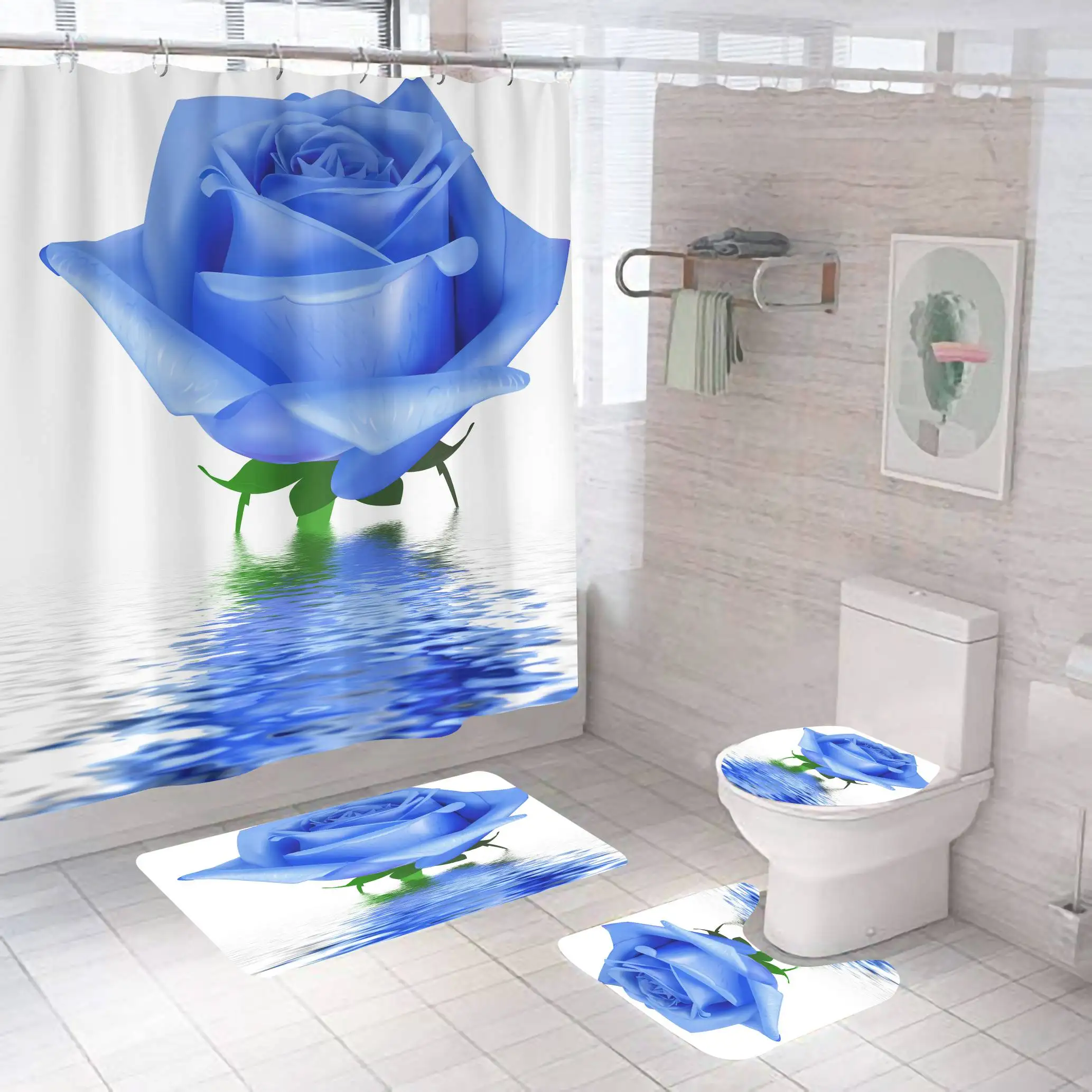 

bright-coloured flower on water printed anti peeping elegant shower curtain set