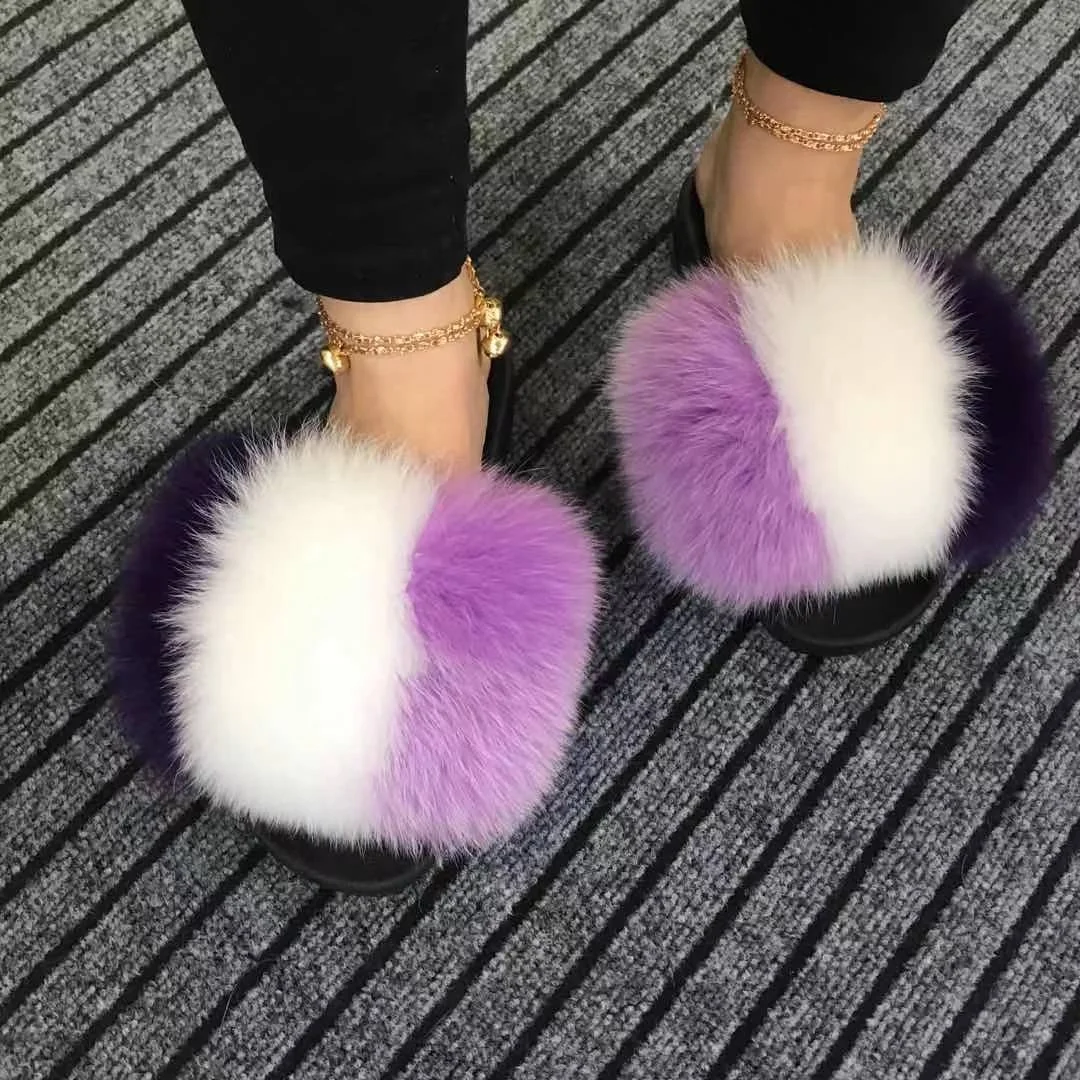 

Fur slippers logo fox fur slides high quality fox fur slides for women, Color matching or can be customized according to requirements