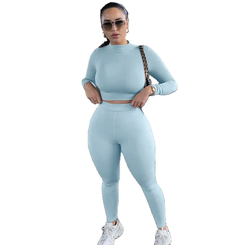 

Plus size women clothing 2021 summer Tracksuit women turtleneck crop top leggings two piece set sporty fitness casual outfits, Picture shows