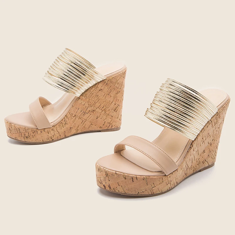 

2022 Summer New Wood Grain Rome Women Wedges High Heels Slippers Open Toe Platform Hollow Ladies Shoes
