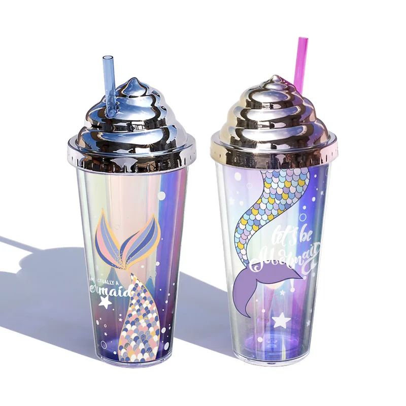 

Electroplating Sequined Plastic Water Tumbler Cup with Straw Creative Ice Cream Cover Tumbler