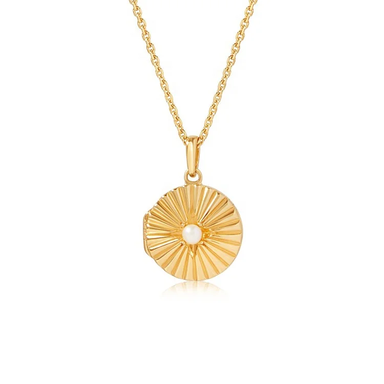 

Gemnel fashion 925 silver 18k gold pearl sun radiant locket open pendant necklace women