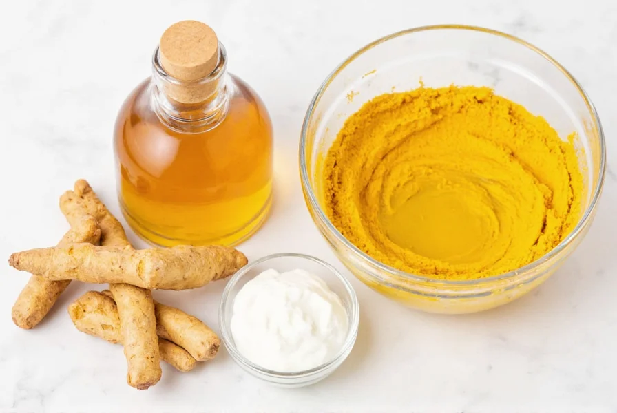 Turmeric face mask ingredients: fresh turmeric root, honey, yogurt, and mixing bowl