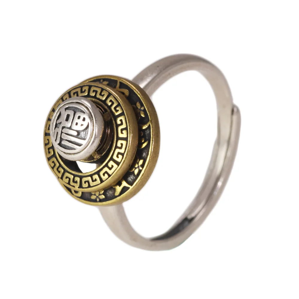 

100% 925 Silver Retro Tibetan Prayer Wheel Buddha Adjustable Ring for Men and Women OM Datura Rotatable Religious Jewelry