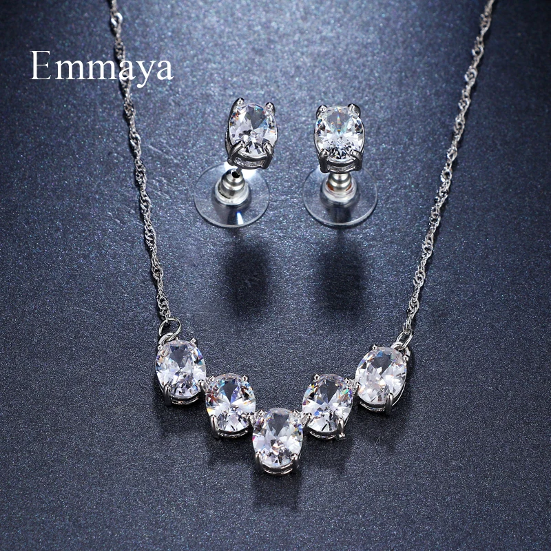 

Emmaya Brand Shining White Gold Color AAA Cubic Zircon Oval Crystal Earrings Necklace Set For Women Popular Bride Jewelry Gift