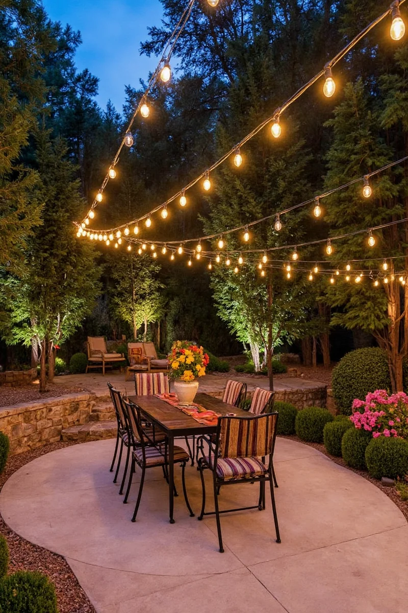 Outdoor patio with string lights