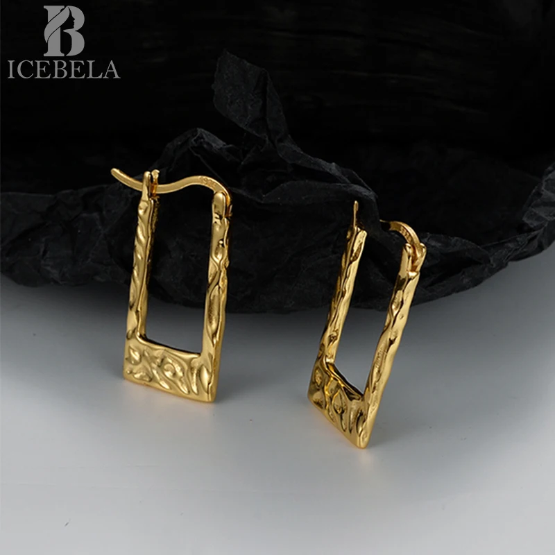 

Icebela Jewelry S925 Sterling Silver 18K Gold Plated Square Texture Sense Ear Buckle Irregular Geometric Huggie Earrings