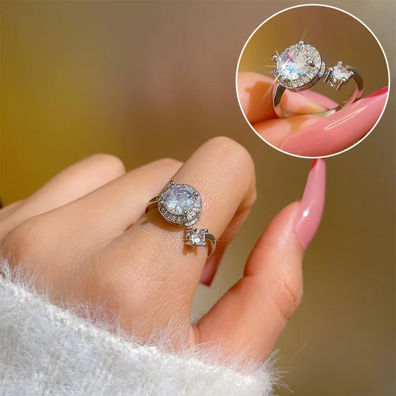 

New Fashion Women Round Gemstone Cubic Zirconia Ring Open Shining 925 Silver Plated Zircon Ring For Wedding