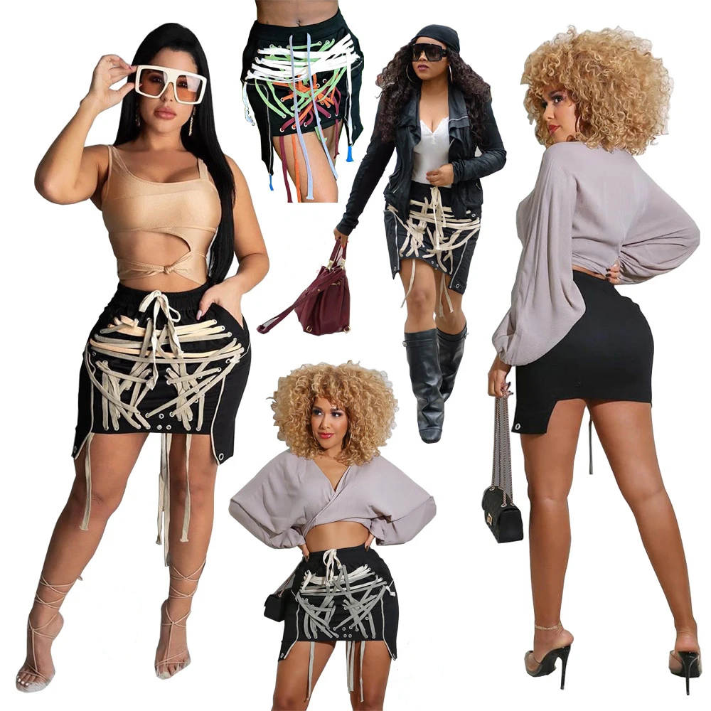 

2021 Wholesale Drawstring Lacing Short Mini Skirt Lace Up Women Skirt