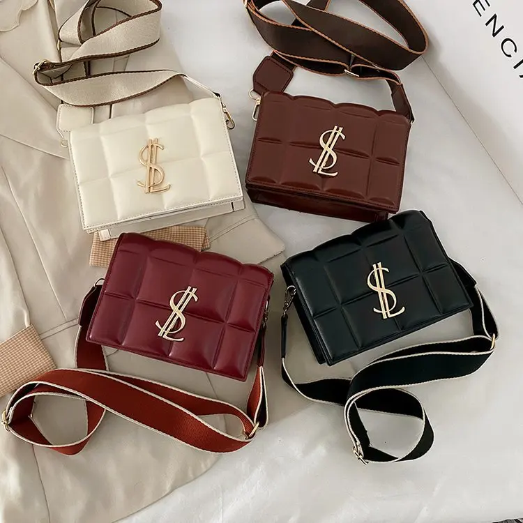 

Luxury Brand New Ladies Quilted Handbag Metal Letter Plaid Fashion Crossbody Bags Wide Shoulder Strap Messenger Bolsa Mujer, Picture