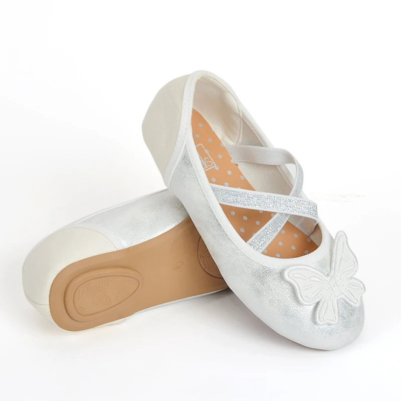 

Factory wholesale Cross straps Butterfly party children princess girl dress flat shoes, Silver