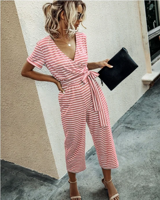 

2021 Summer Fashion Striped V-neck Short Sleeves Women Jumpsuits Casual Street wear women clothing bow-knot Comfortable sets Hot