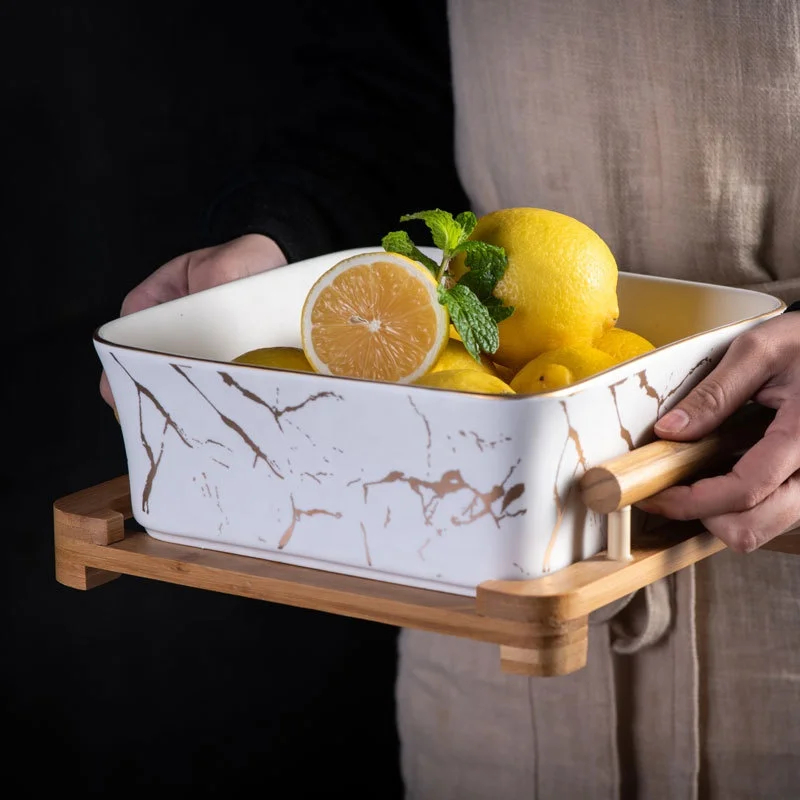 

Factory direct sales salad bowl with solid wood frame creative ceramic fruit bowl household insulation large soup bowl