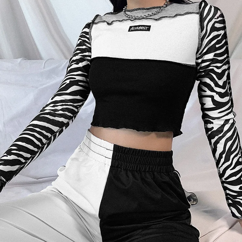 

Fall and Winter Women's Long Sleeved Round Neck Fashion Patchwork Slim T Shirt Tops Woman Long Sleeve, Black