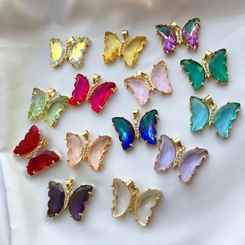 

2020 New Design Yellow Red Green Black Pink Blue Crystal Butterfly Pendant For Necklace