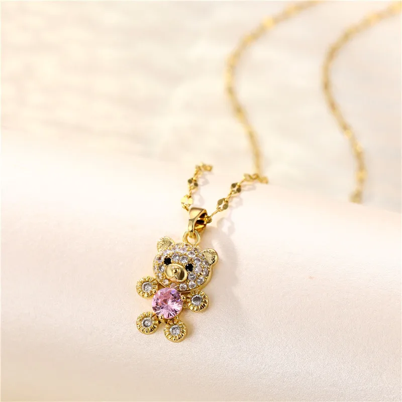 

2021 Sailing Jewelry Micro Pave Zircon Cute Bear Pendant Clavicle Chain Necklace Titanium Steel CZ Bear Necklace