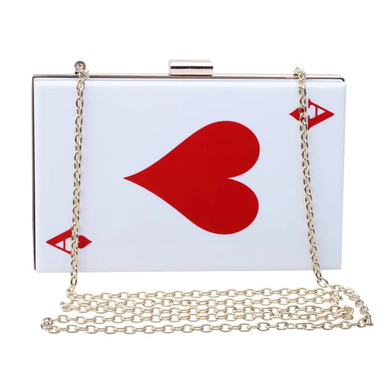 

2020 summer chain strap evening hand bag fashion playing card print women clutch bags dinner party small lip acrylic purse, White