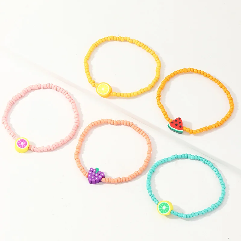 

Creative Design Handmade Solid Color Stretch Beaded Friendship Bracelets Cute Fruit Charms Bracelets Jewelry For Kids Girls, Multi color