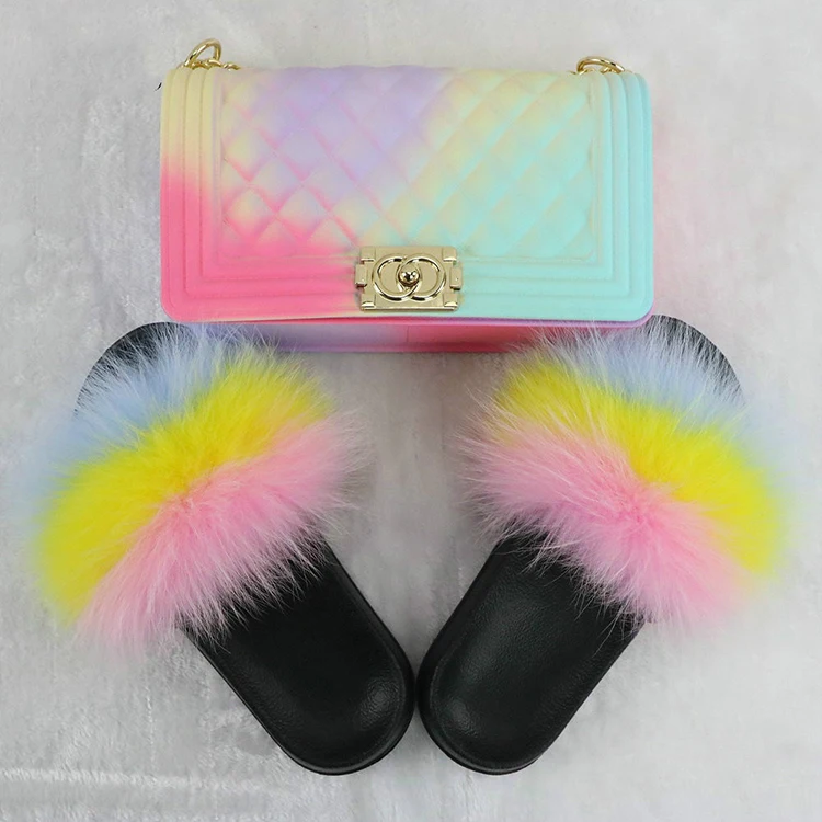 

Jelly Bag Fur Slides slippers Beautiful Soft Fox Fur Sandals Real Slides Matching Handbag Color Fur Slides And Purse Set