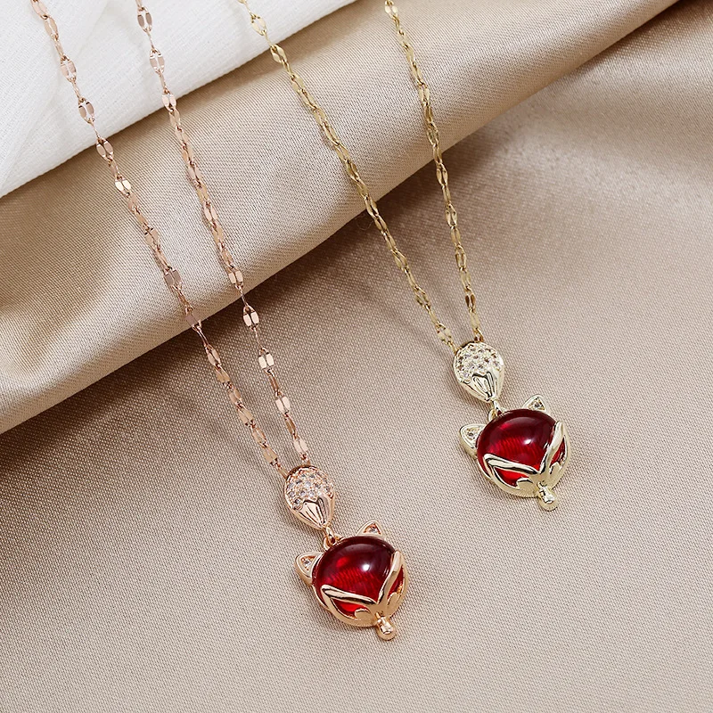 

Hotselling Trendy Adjustable Thin Chain Crystal Choker Necklace Red Carnelian Fox Pendant Necklace for Women, Rose gold