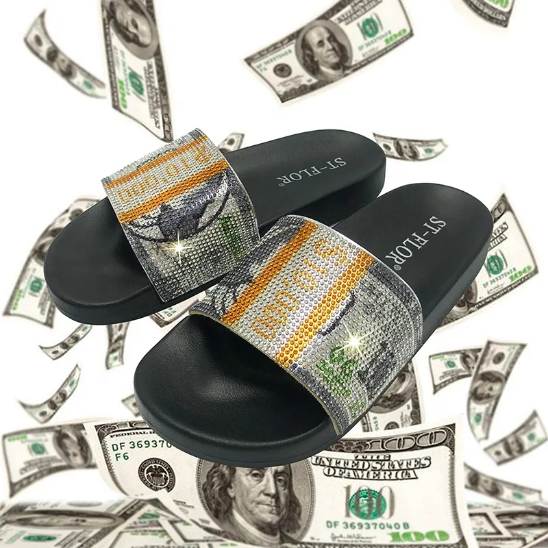 

Summer Women Slippers Shoes Popular Style US Dollar Pattern Rhinestone Diamond Fashion Women Outdoor Beach Slippers And Slides, Black, pink, white