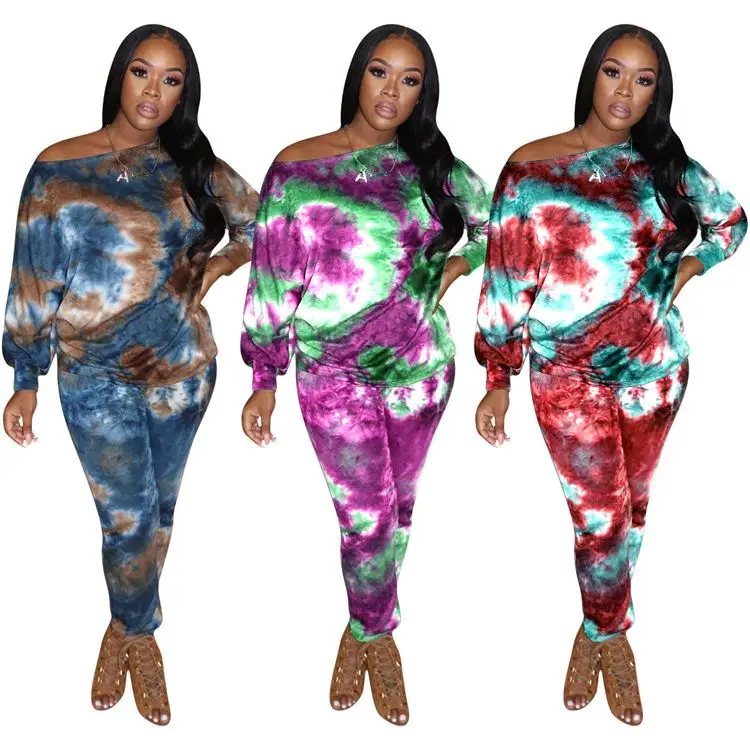 

D96449 Latest Style One Shoulder Tie Dye Casual Wear New Clothes Womens Two Piece Set 2 Piece Sets Women Clothing