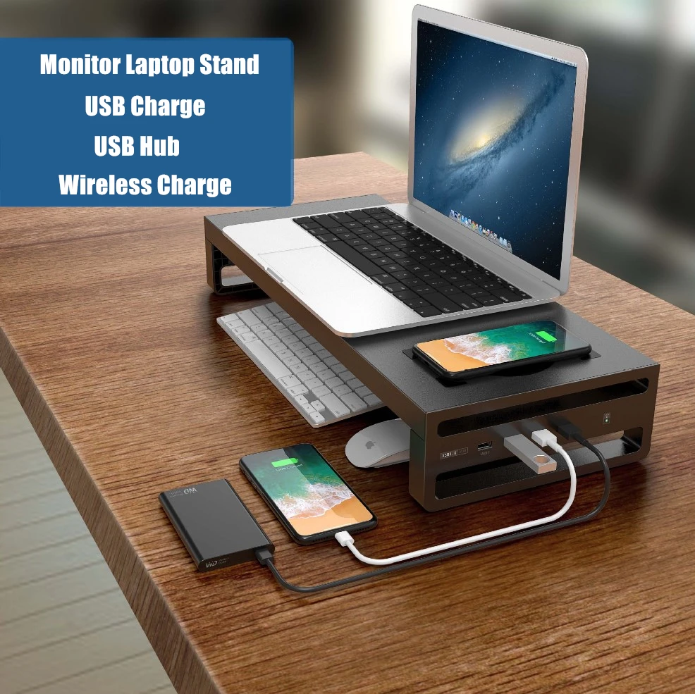 Aluminum Alloy Pc Monitor Laptop Desk Stand Riser With Usb Hub Charger