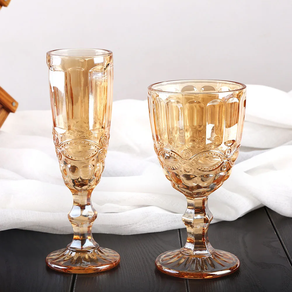 

Champagne amber embossed glass thickened red wine carved glass cups