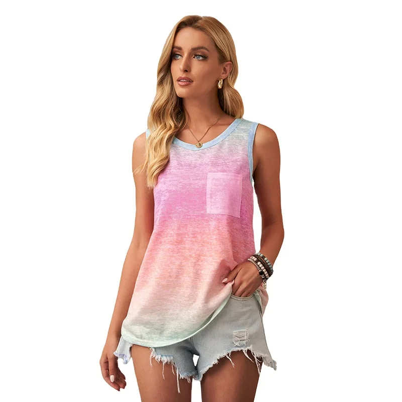

New Summer Ladies Tank Top Round Neck Pink and Blue Tie Dye Vest Print Pocket Sleeveless Tank Top for Women