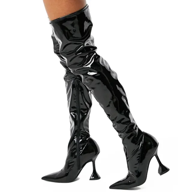 

Large Size New Thigh Boots Black Patent Leather Pointed Toe Wineglass Heel Over The Knee Boots High-top Shiny Leather Stage Boot