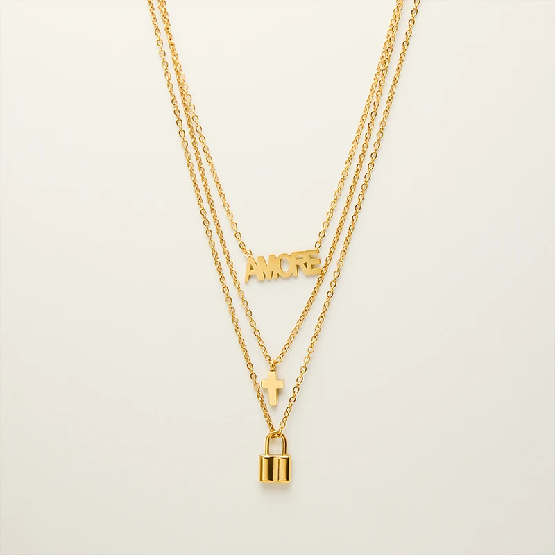 

Cold Ins Wind Cross English Lock Pendant Three Layer Necklace Female Titanium Steel Plated Jewelry