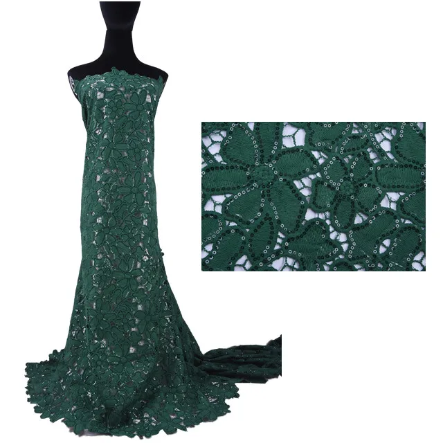 

2163 Green Flower Sequins Nigerian Guipure Lace Fabric Shiny African Cord Lace Fabric For Lady Dress, Shown