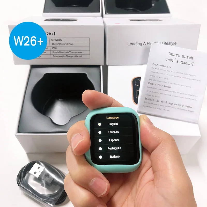 

2021 Hot selling 1.75inch Waterproof Smart watch w26+ serie 6 with BT calling ip68 blood pressure W26+ smartwatch