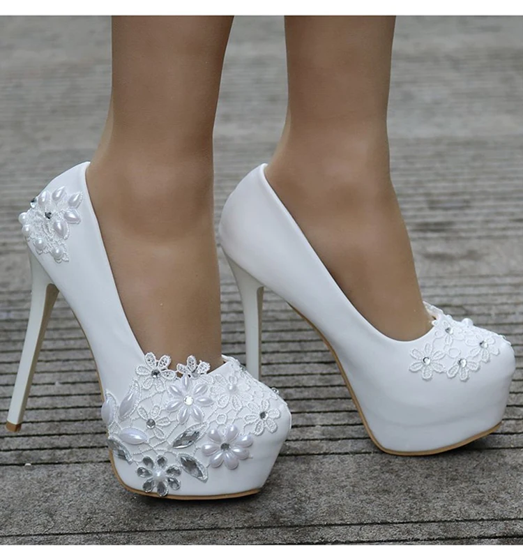 Womens White Lace Rhinestone Feather High Heel Wedding Shoes Platform Stilettos 
