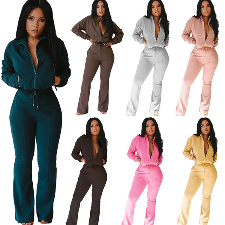 

MD-20101752020 Wholesale Lady 2 Zipper Bell Bottoms Solid Color Casual Tracksuit Winter Plus Size Autumn long sleeve two piece, Picture