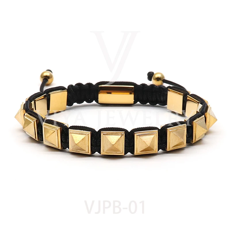 

Luxury Stainless Steel Gold Plated Pyramid Charm Bracelet Macrame Men Women, Multi-colors