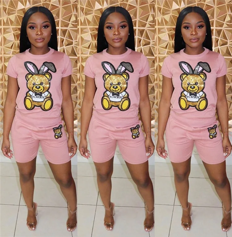 

200254 High Quality Cartoon Print Short Sleeve Sexy Club Two Piece Outfits Short Pants Set Women Clothing