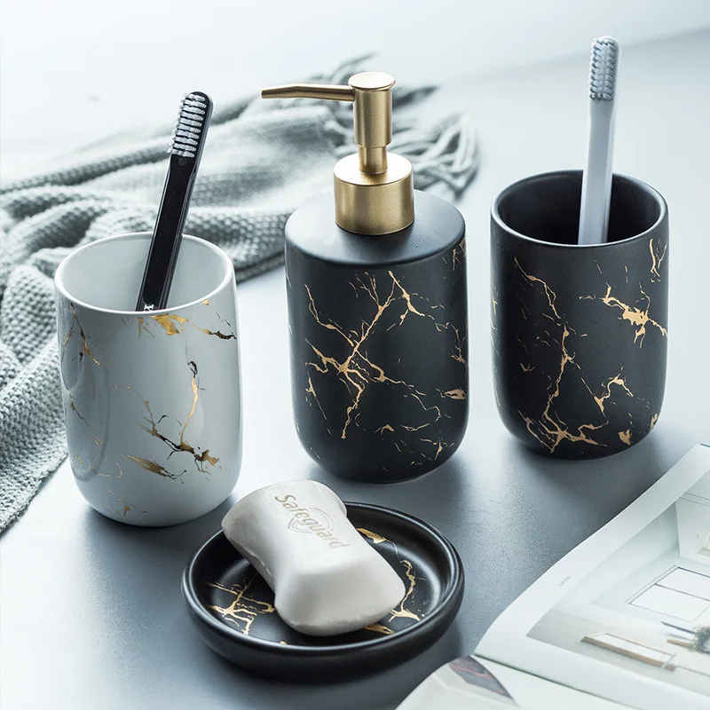 

2021 Wholesale Modern luxury Gold Marble Accessories 4pcs Soap Dispenser Ceramic Toilet Sets For Bathroom Hotel Decoration, White
