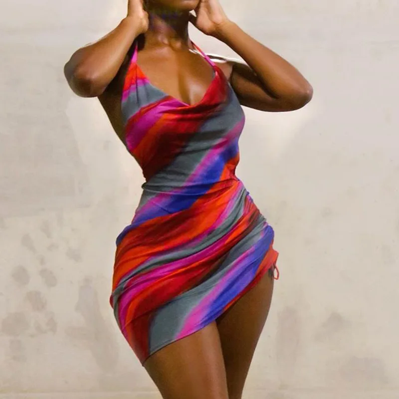 

Hot 2021 New Sexy Halter Rainbow Milk Silk Halter Dress miniskirt Dress Party dress